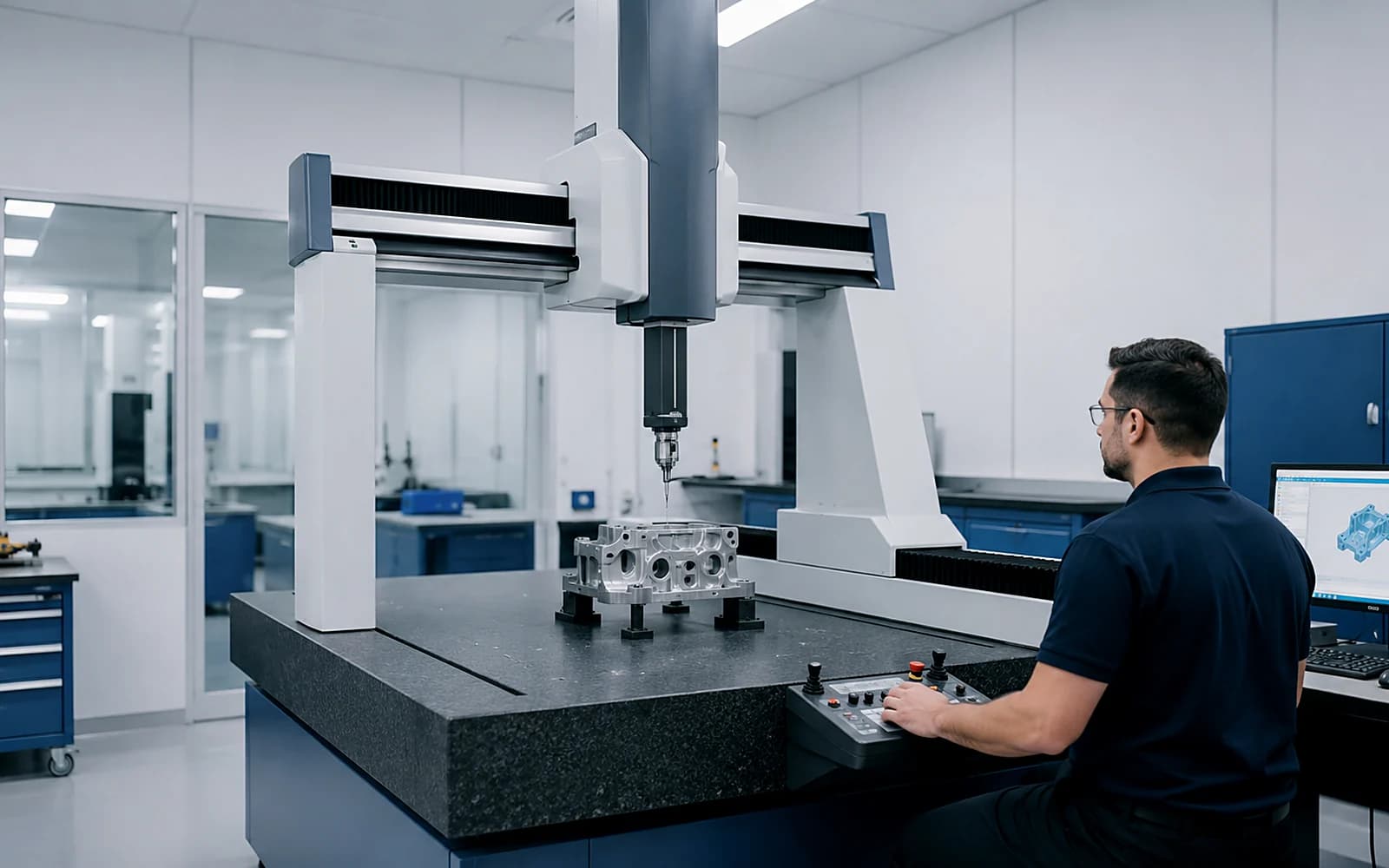 Coordinate measuring machine inspecting a machined part on a granite table