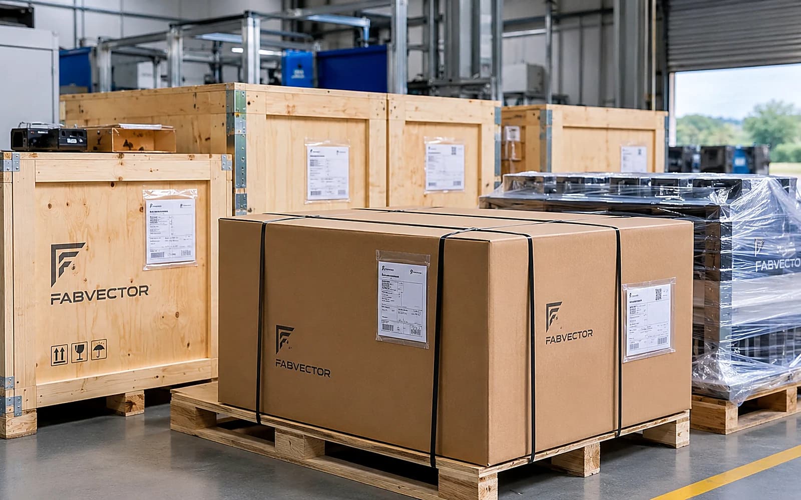 Machined parts crated and labelled for export shipping