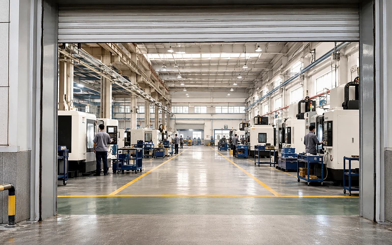 Machining floor lined with vertical machining centres and work-in-progress carts