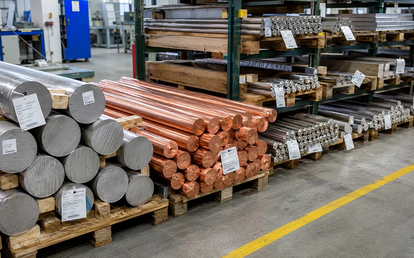 Aluminium, copper and steel bar stock racked in a material store