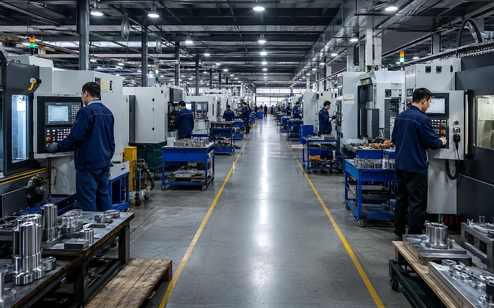 Main production aisle between rows of CNC machining centres