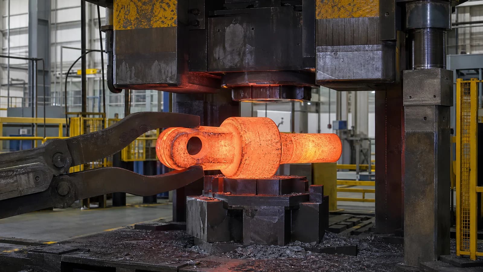 Industrial forging press and heated steel billet reference